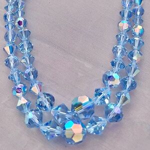 Retro Vintage Faceted Glass Blue Crystal Beaded Multi Strand Necklace